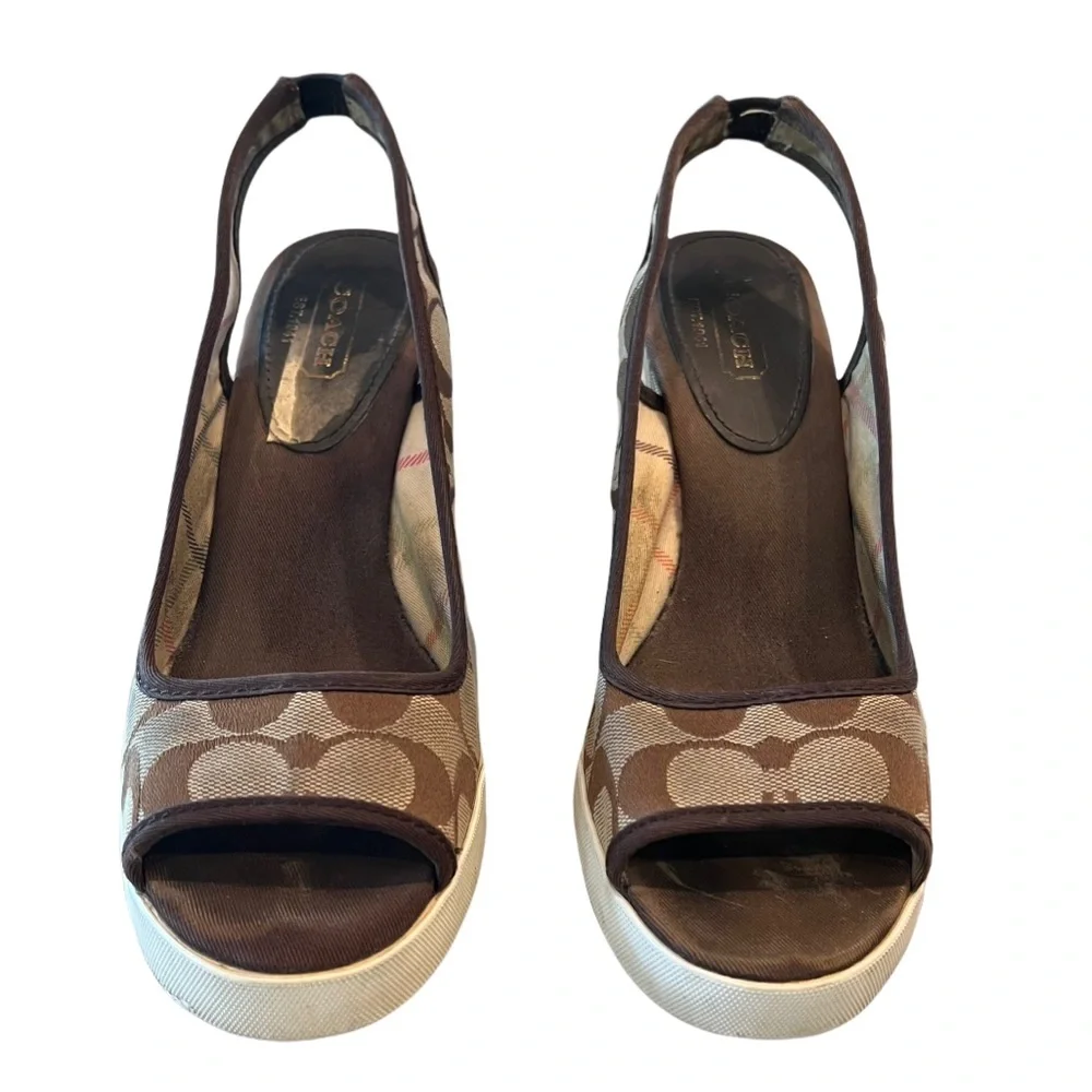 Women’s Genuine Coach Sydney Monogram Peep Toe Wedges 8.5 Brown Tan - Picture 6 of 15